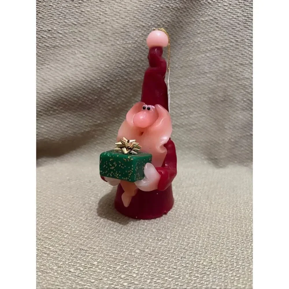 Vintage Northern Lights Candle Santa Gnome Holding Glitter Green Present Gift 7”
